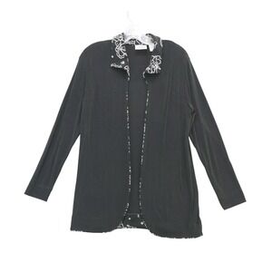 Chico's Travelers‎ Open Front Cardigan Black White Floral Trim Size 0